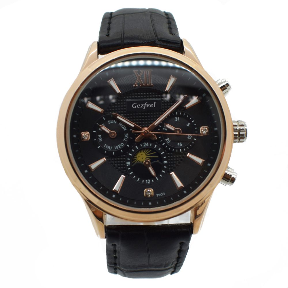 New Design Multi-function Quartz Stainless Steel Case Men Watches with Leather Strap