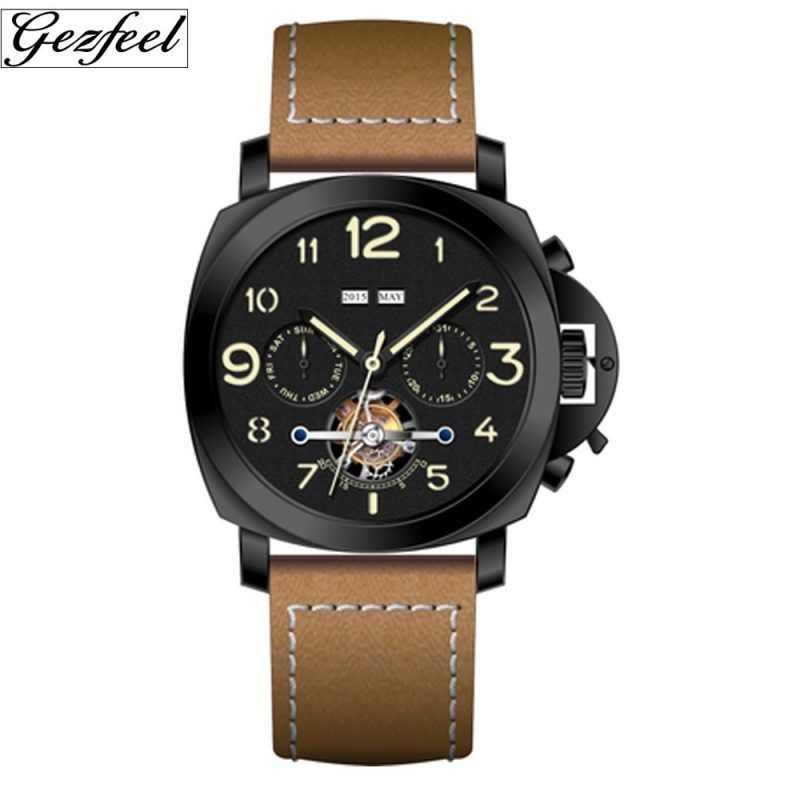 Hot sales Luxury chronograph watches 6 hands simple meachnical men watch with  genuine leather