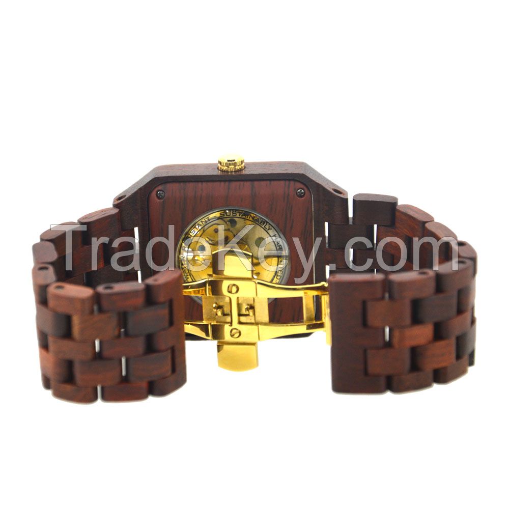 Hollow Dial Butterfly Buckle 3Atm Water Resistant Bewell Automatic Wooden Watch 