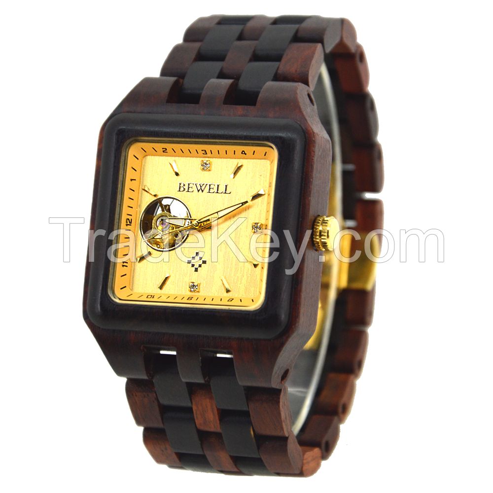 Shenzhen Factory Custom Blood Carved Handcraft Square Men Wooden Wrist Watch with China Automatic Movement