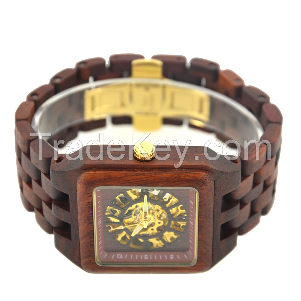 Hollow Dial Butterfly Buckle 3Atm Water Resistant Bewell Automatic Wooden Watch 