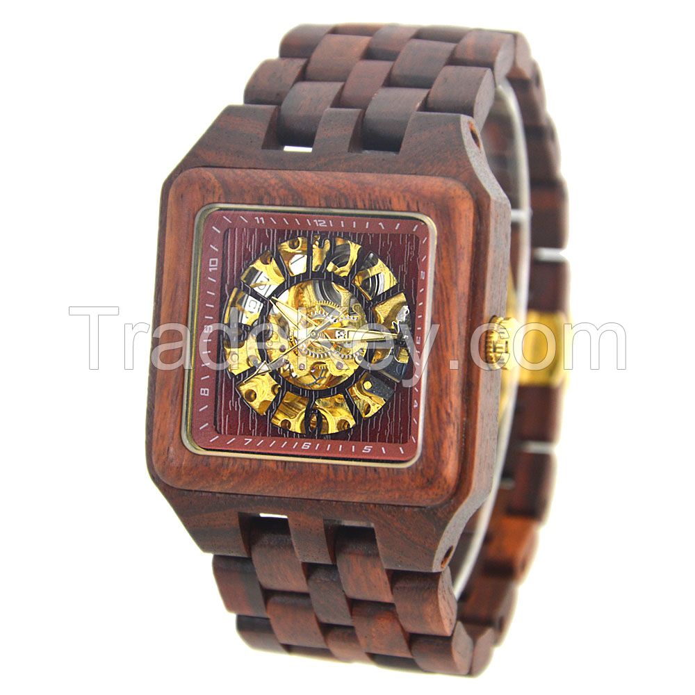 Hollow Dial Butterfly Buckle 3Atm Water Resistant Bewell Automatic Wooden Watch 