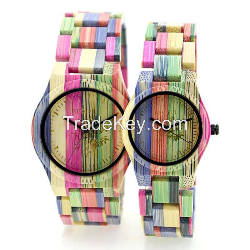 Custom Logo Coloful Bamboo Wooden Wrist Watch with Japan Movt Quartz Couple Watch