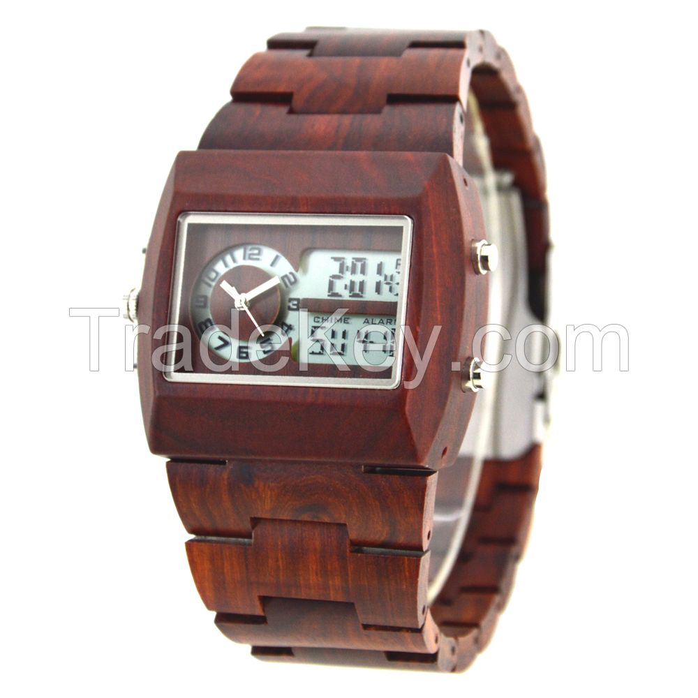 Shenzhen Factory Custom Blood Carved Handcraft Square Men Wooden Wrist Watch with China Automatic Movement 