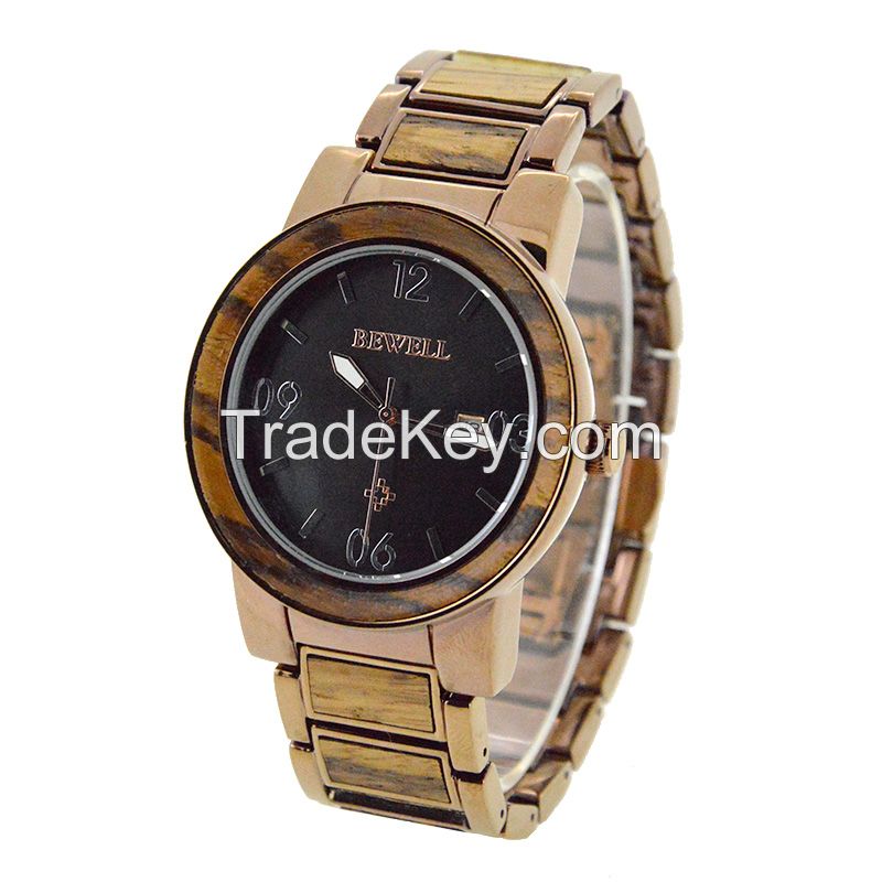 Custom Factory Supply Big Dial Japan Movt Stainless Steel Back Water Resistant Wood Wristwatch  