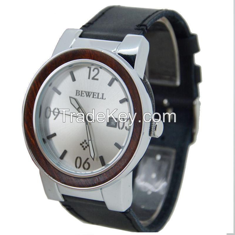 Custom Factory Supply Big Dial Japan Movt Stainless Steel Back Water Resistant Wood Wristwatch