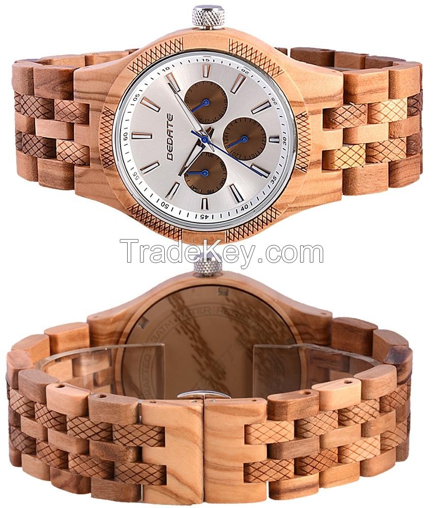 Custom Logo Luminous with 3 Eyes Butterfly Buckle 3 Atm Water Resistant Wooden Watch