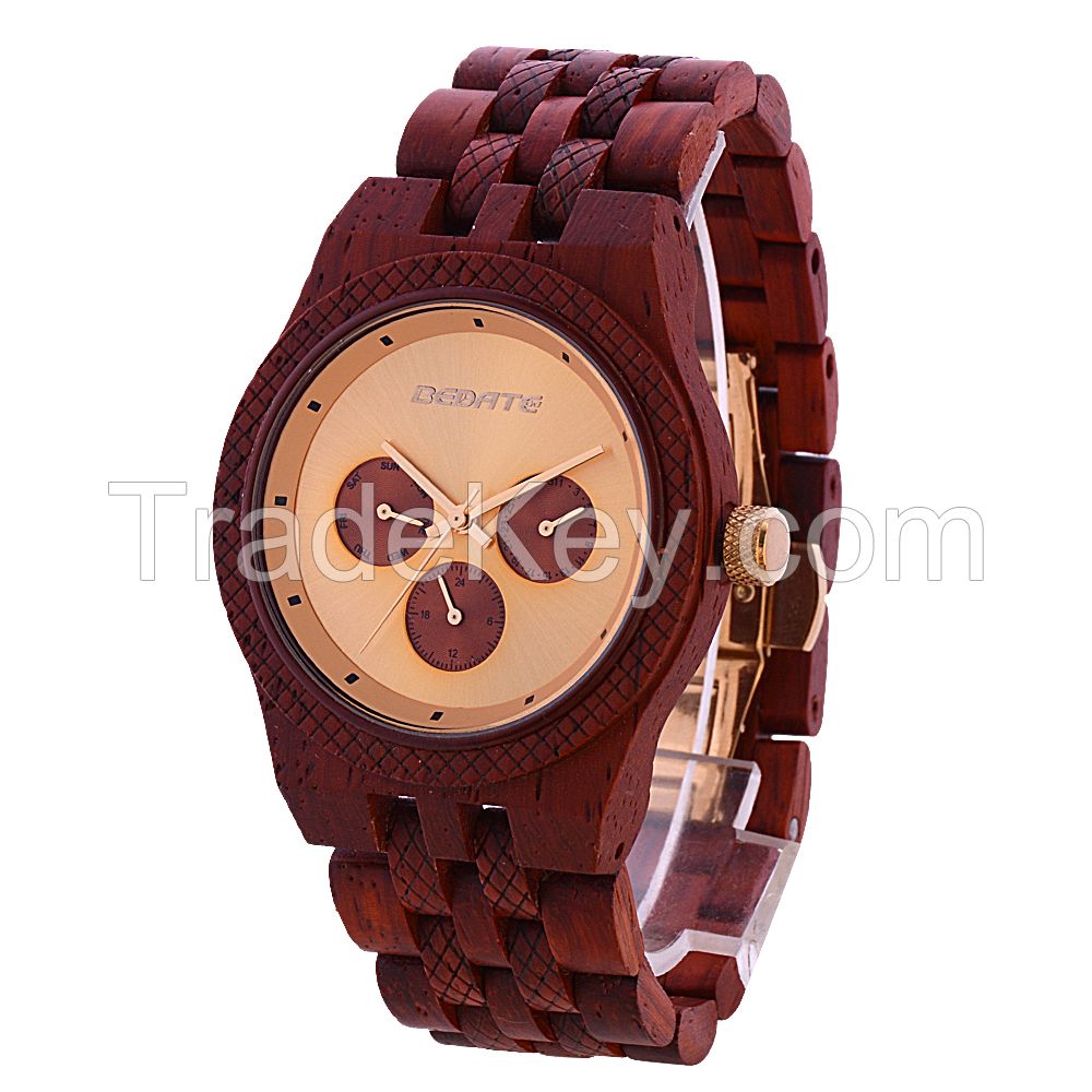 Custom Logo Luminous with 3 Eyes Butterfly Buckle 3 Atm Water Resistant Wooden Watch