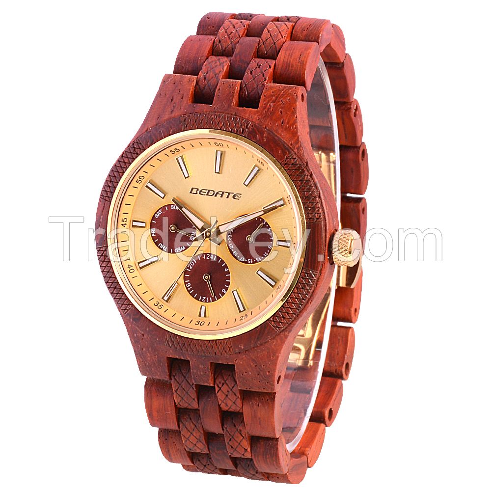 Custom Logo Luminous with 3 Eyes Butterfly Buckle 3 Atm Water Resistant Wooden Watch