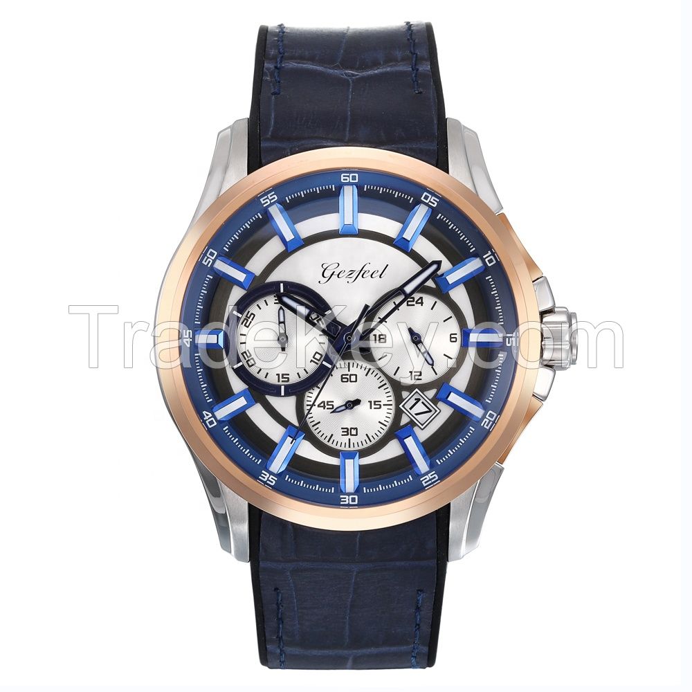Fashion Gift Index Multi-function Dial Leather Strap Stainless Steel Case wristwatch