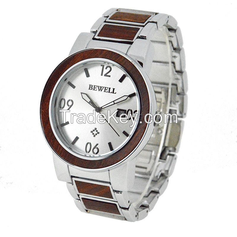 Custom Factory Supply Big Dial Japan Movt Stainless Steel Back Water Resistant Wood Wristwatch