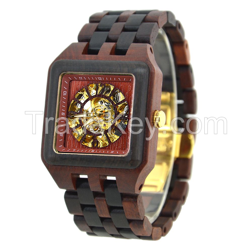 Hollow Dial Butterfly Buckle 3Atm Water Resistant Bewell Automatic Wooden Watch