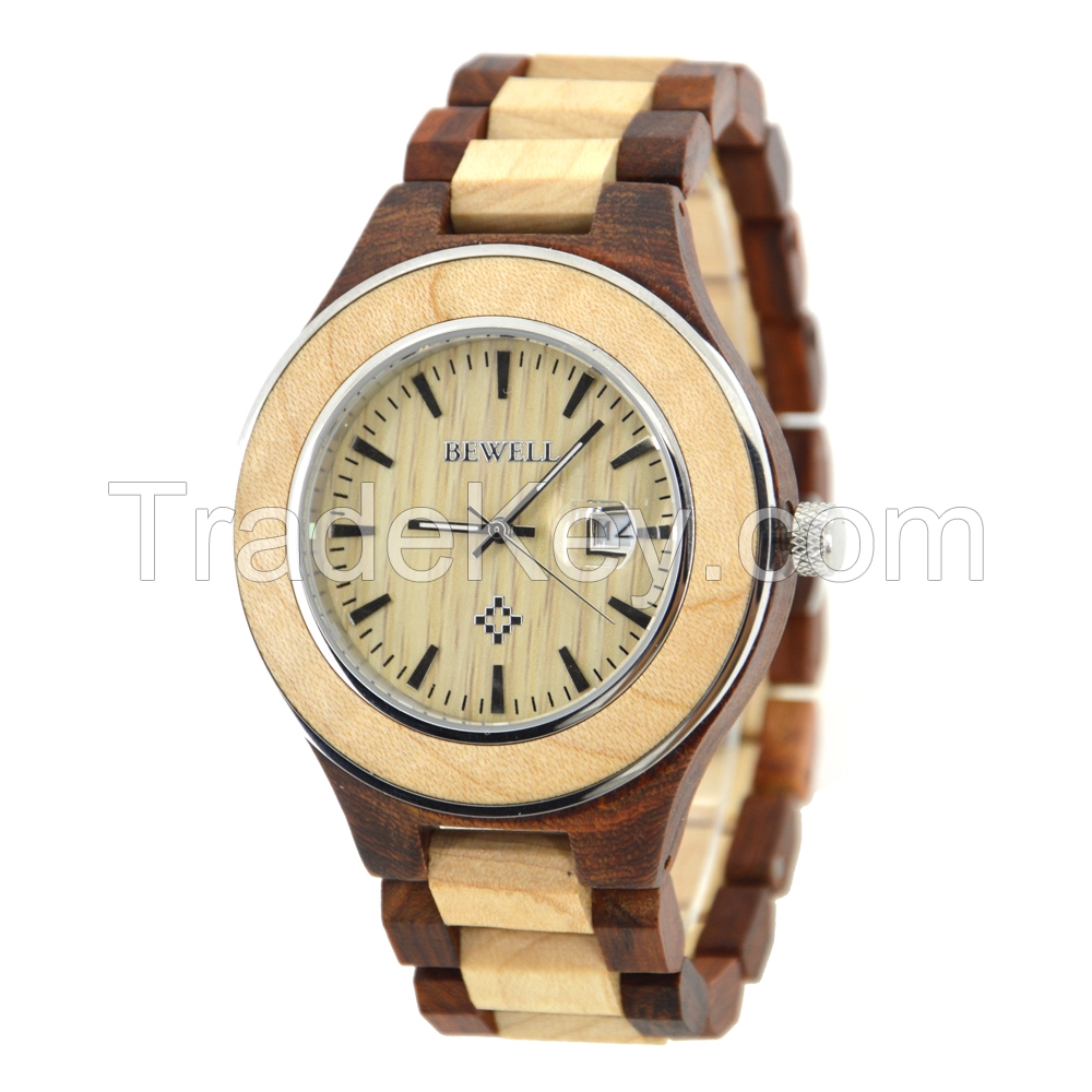 Bewell Japan Quartz Movt Multi Function Calendar Men Wooden Wrist Watch