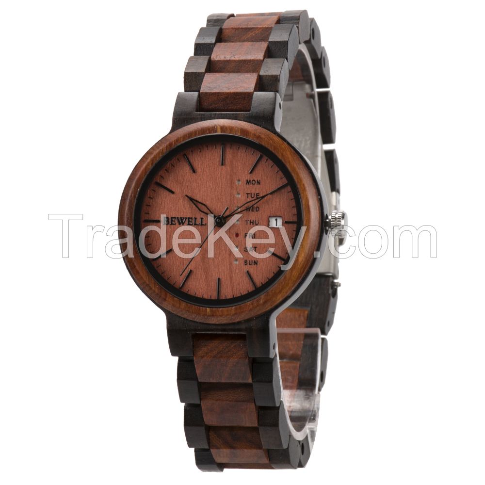  Custom date and day bamboo wooden watch with japanese quartz movement