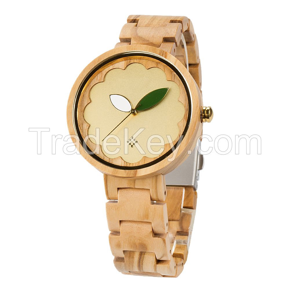 New Style flower dial with beautiful leaf wooden case and band Japan movement two side button wooden watch