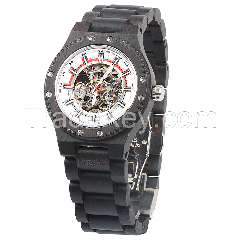 Fully skeleton luxury automatic mechanical wooden men watches