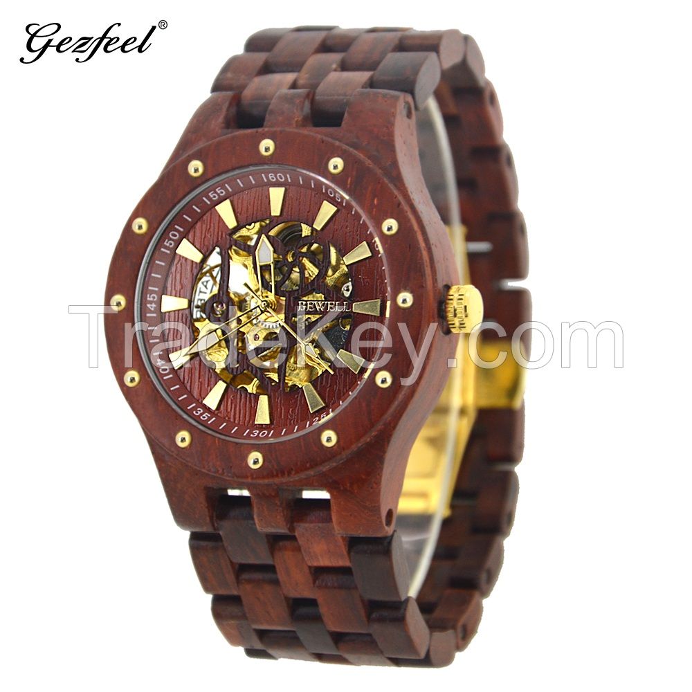 2019 wholesale luxury skeleton automatic mechanical bewell wooden watch for men 