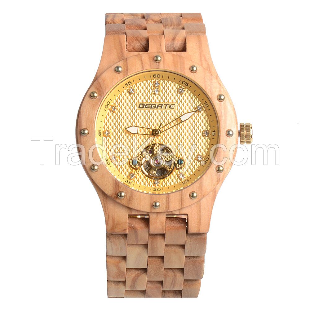 Custom logo OEM wholesale luxury diamond mens Bewell branded automatic mechanical waterproof wood bamboo quartz wrist watch