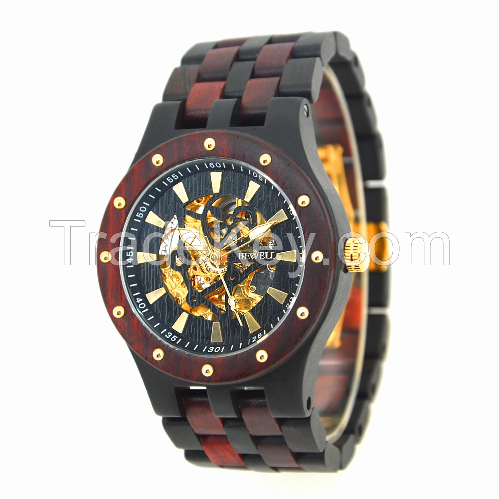 Custom logo luxury mechanical automatic skeleton watch bewell wooden watch for men