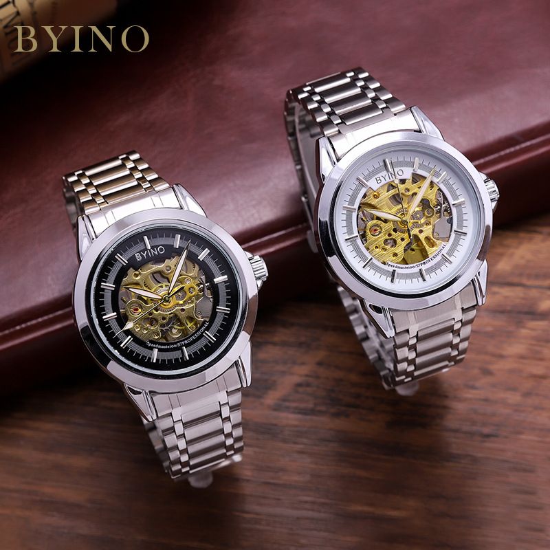 New skeleton watch fashion stainless steel mechanical watch alloy watches