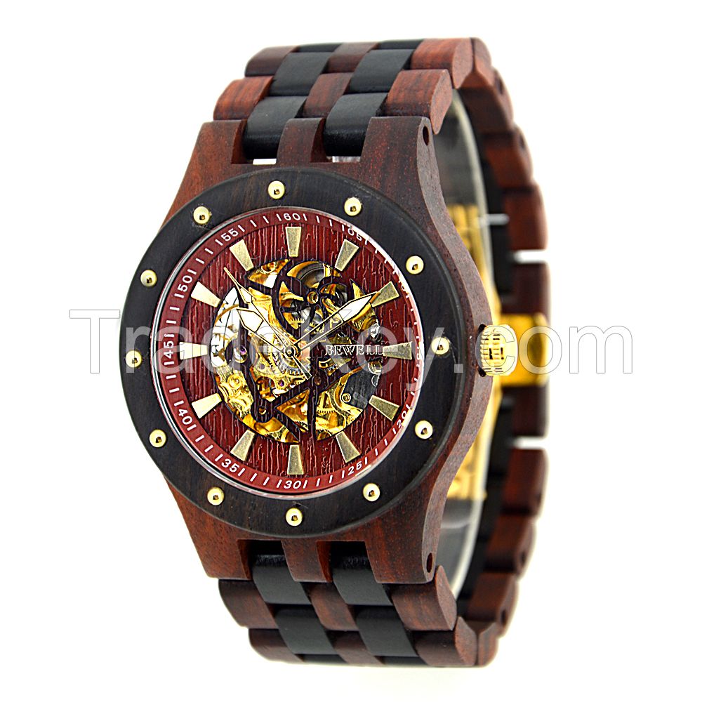 2019 wholesale luxury skeleton automatic mechanical bewell wooden watch for men