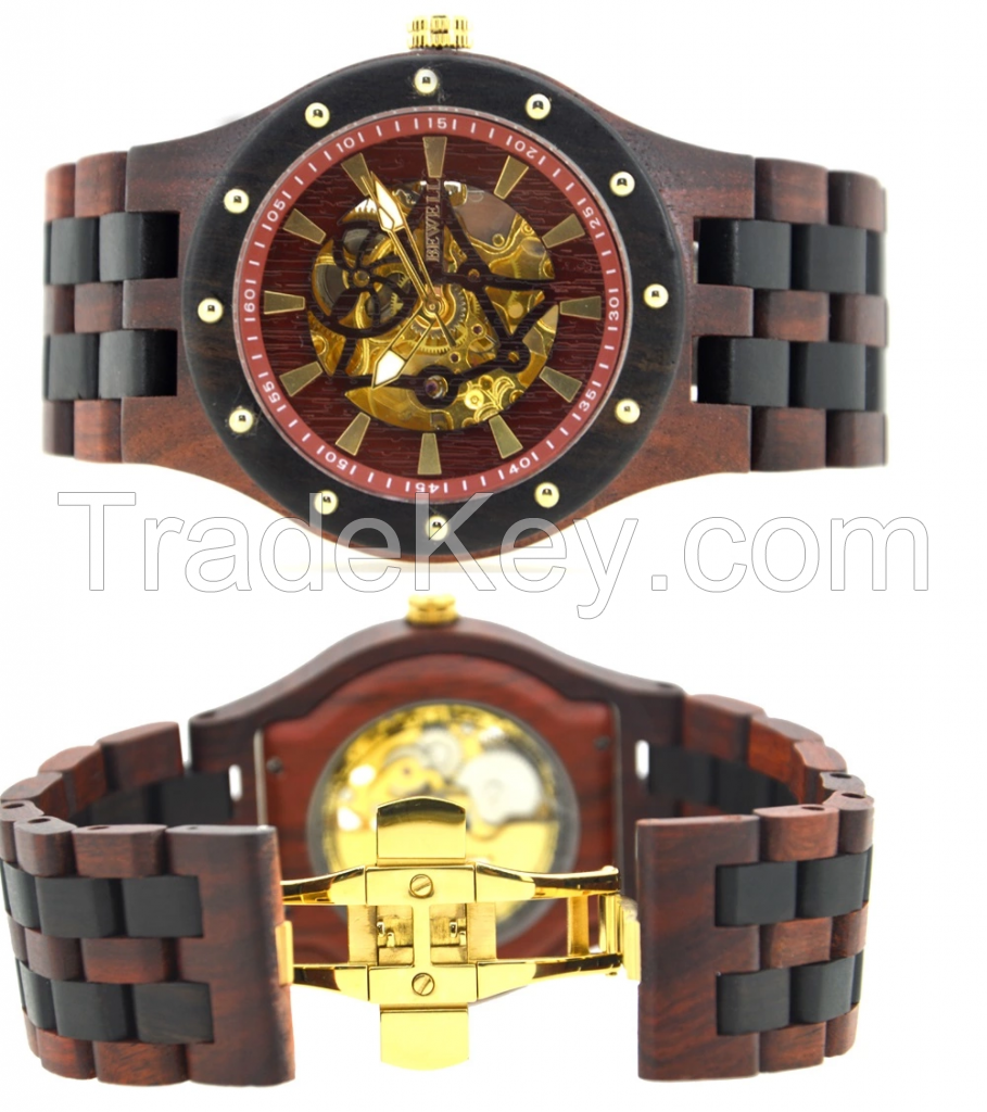 Custom logo luxury mechanical automatic skeleton watch bewell wooden watch for men