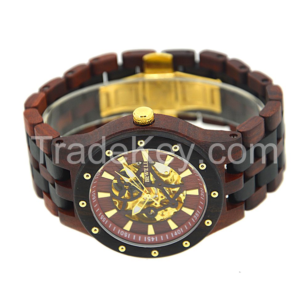 2019 wholesale luxury skeleton automatic mechanical bewell wooden watch for men 