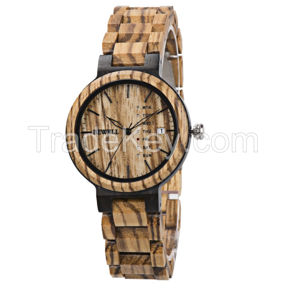 Custom date and day bamboo wooden watch with japanese quartz movement