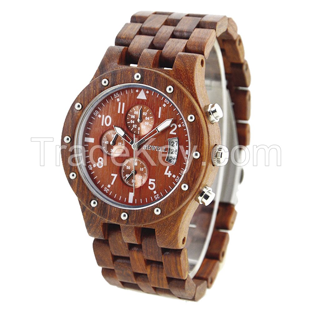 Custom fashion design Three Eyes muti-function quartz men wrist Wood Watch with Ebony Wood