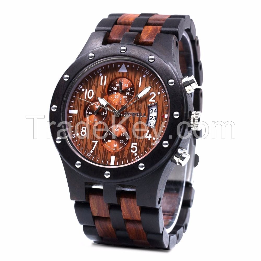 Custom fashion design Three Eyes muti-function quartz men wrist Wood Watch with Ebony Wood