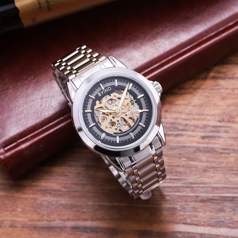 New skeleton watch fashion stainless steel mechanical watch alloy watches