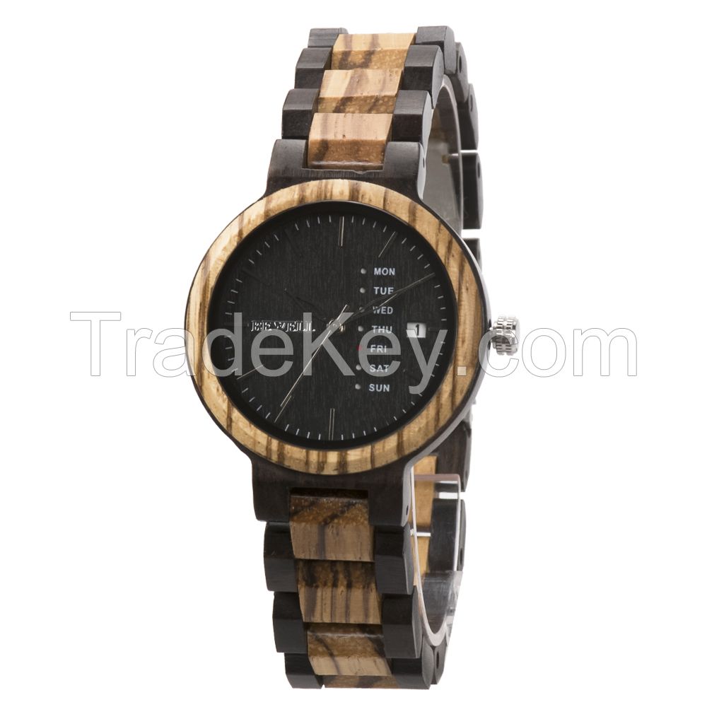 Custom date and day bamboo wooden watch with japanese quartz movement