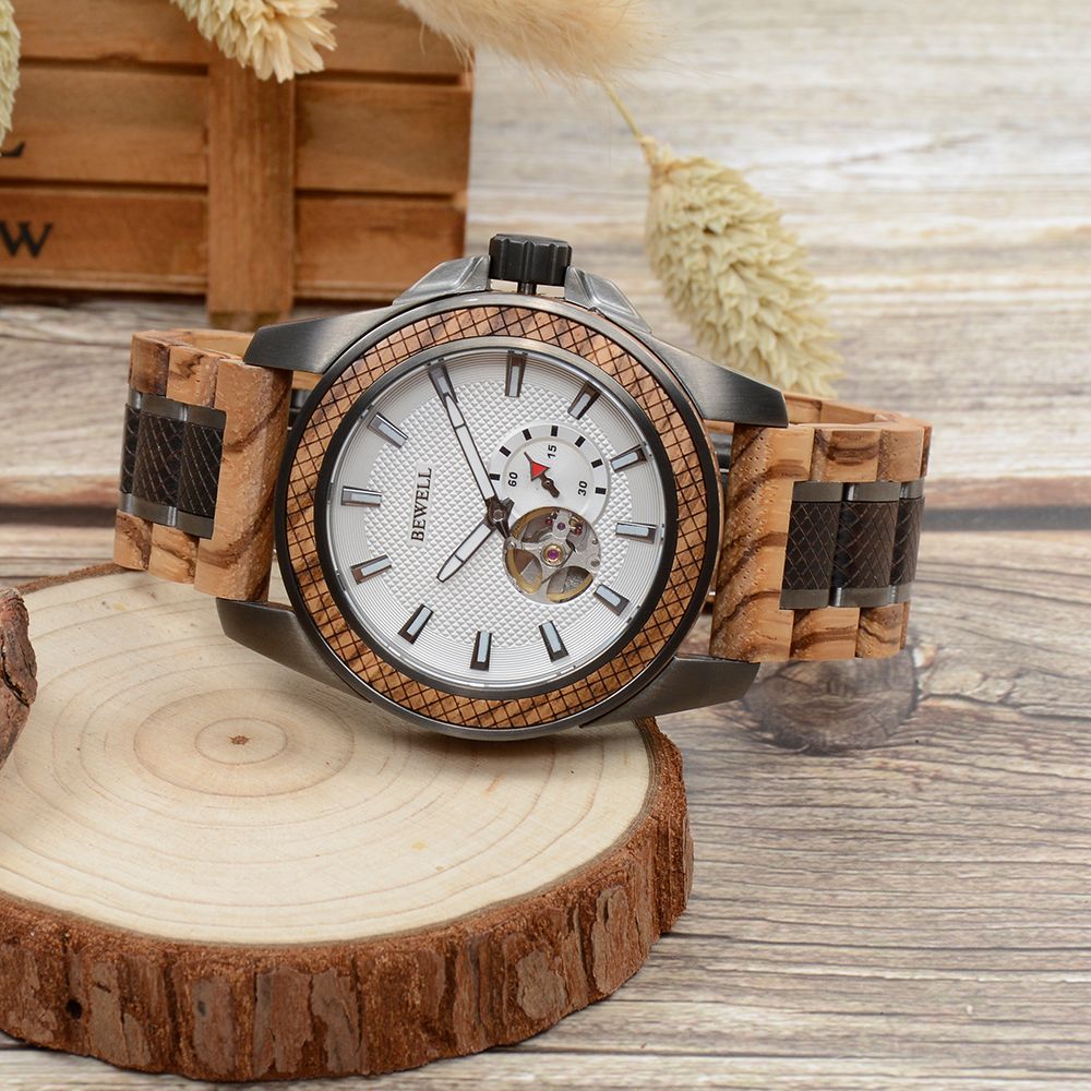 Handmade wood&stainless steel mechanical skeleton automatic watch for men 