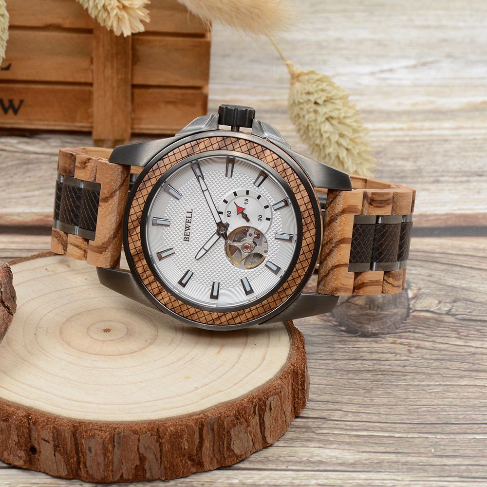 Handmade wood&stainless steel mechanical skeleton automatic watch for men
