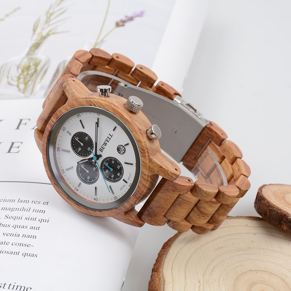 Factory Customized Design Quartz Multi-function Vague Chronograph Wood Cool Men's Watch