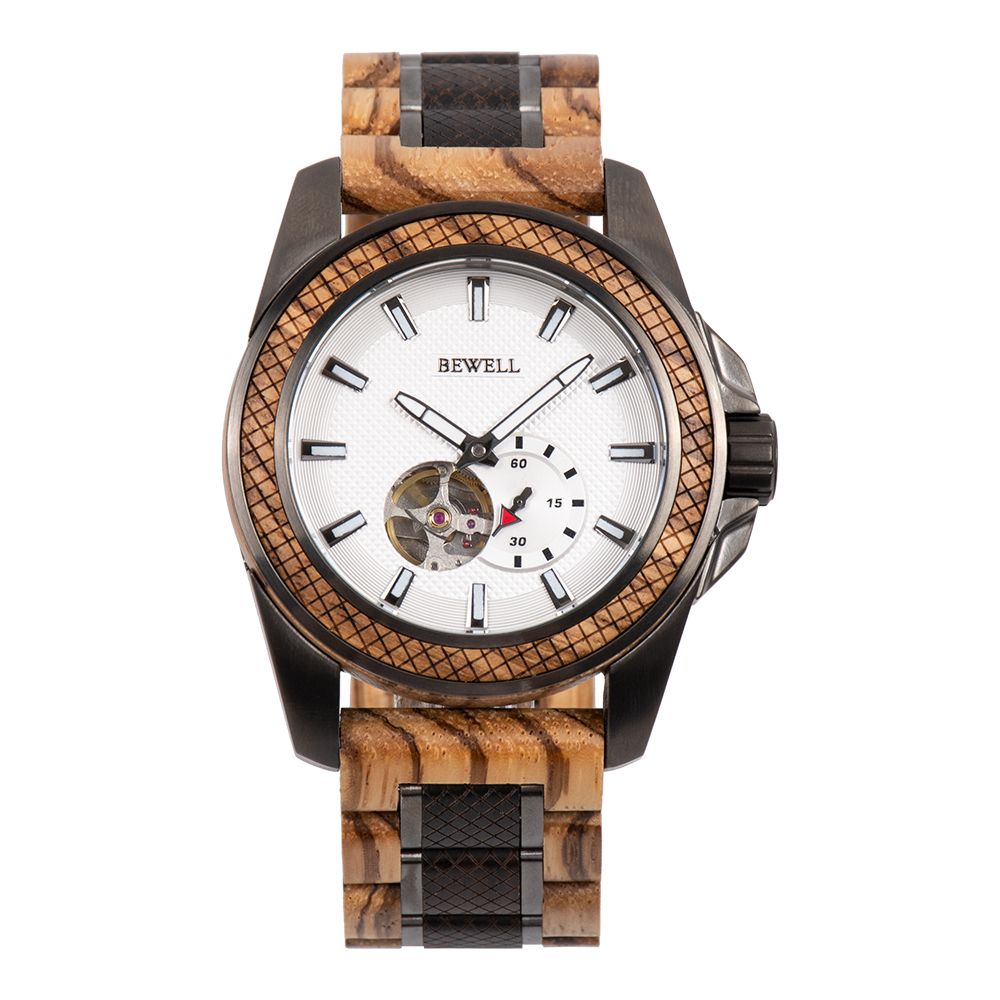 Handmade wood&stainless steel mechanical skeleton automatic watch for men 