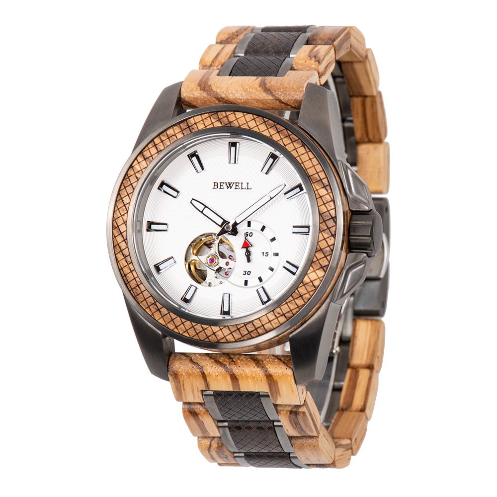 Handmade wood&stainless steel mechanical skeleton automatic watch for men 