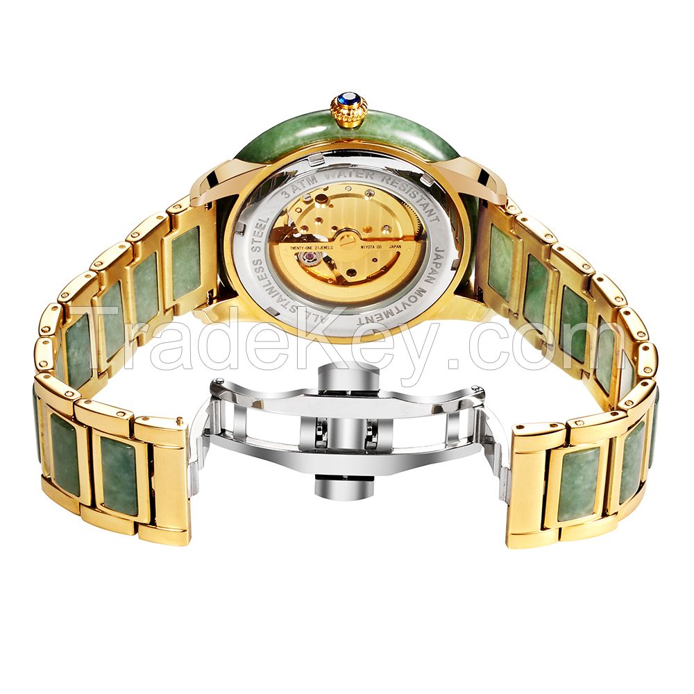 Priviate logo custom skeleton watches 304 stainless steel automatic jade wrist watches