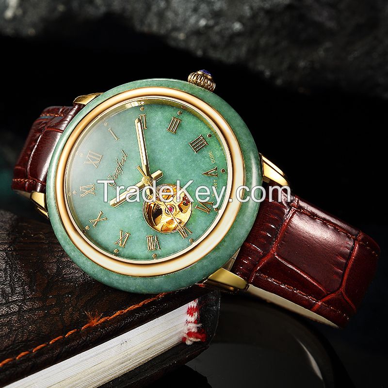 BSCI watch factory automatic movement skeleton jade watch for couple