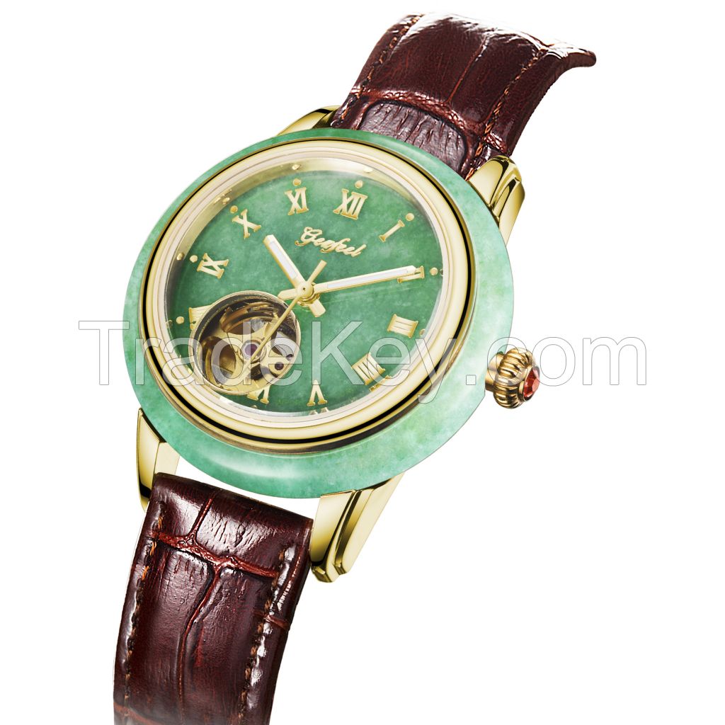 BSCI watch factory automatic movement skeleton jade watch for couple