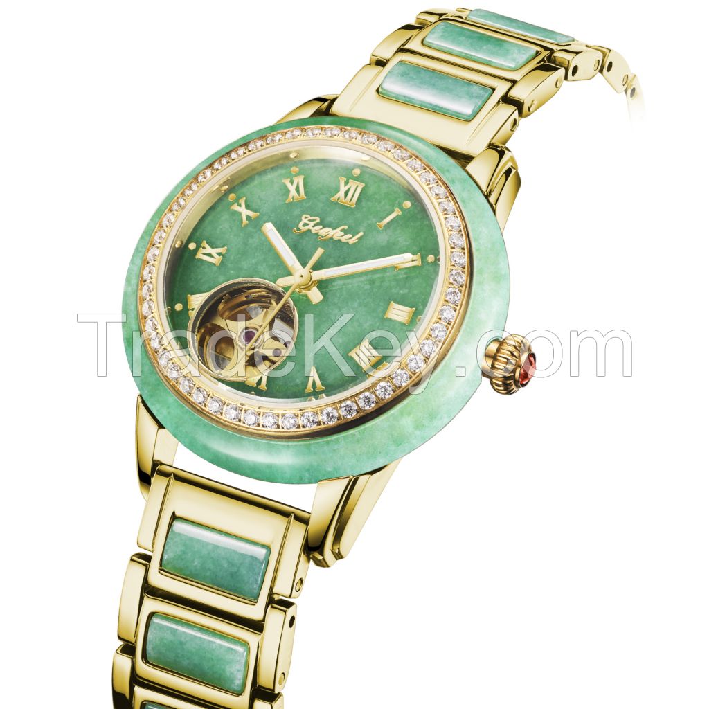 Priviate logo custom skeleton watches 304 stainless steel automatic jade wrist watches