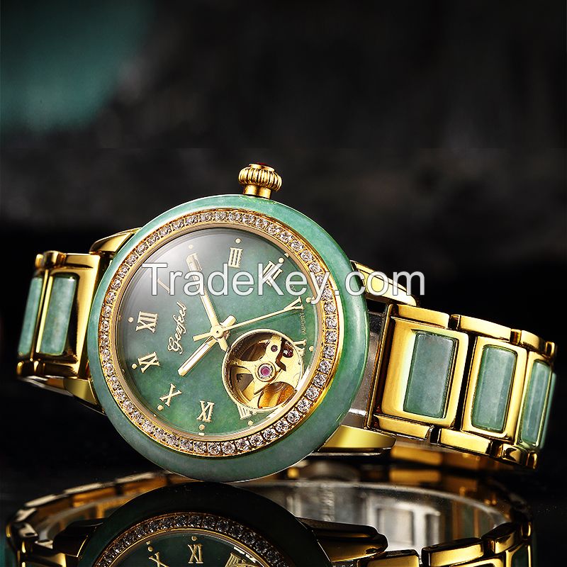 Priviate logo custom skeleton watches 304 stainless steel automatic jade wrist watches