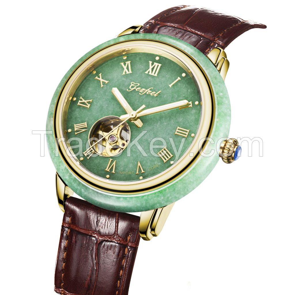 BSCI watch factory automatic movement skeleton jade watch for couple