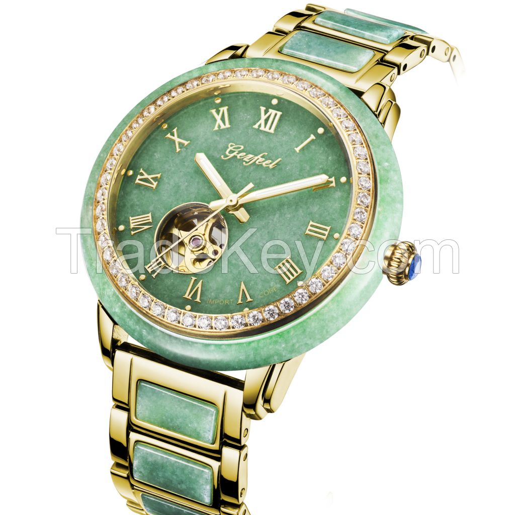 Priviate logo custom skeleton watches 304 stainless steel automatic jade wrist watches