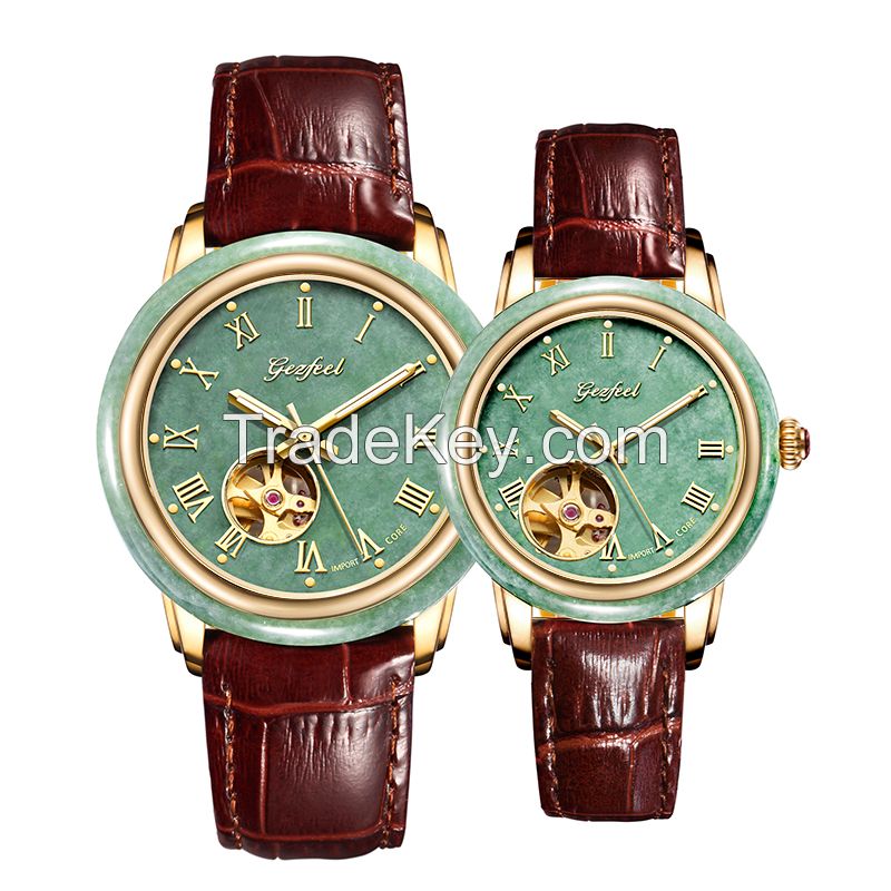 BSCI watch factory automatic movement skeleton jade watch for couple