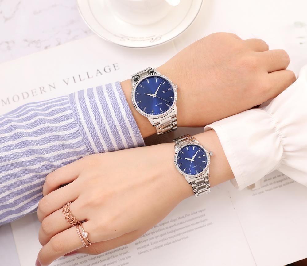 Custom logo Fashion Sunray Dial Stainless Steel Couple Wristwatch