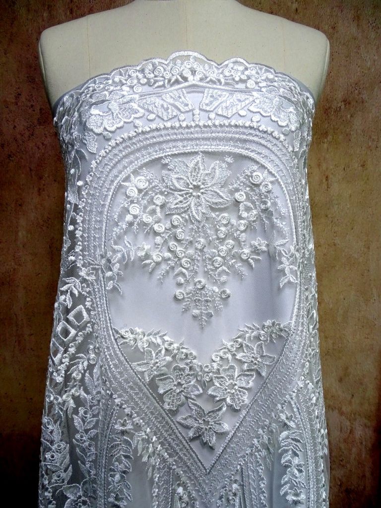 Embroidery all over fabrics/White bridal laces/Lace fabric with beaded applique for wedding dress