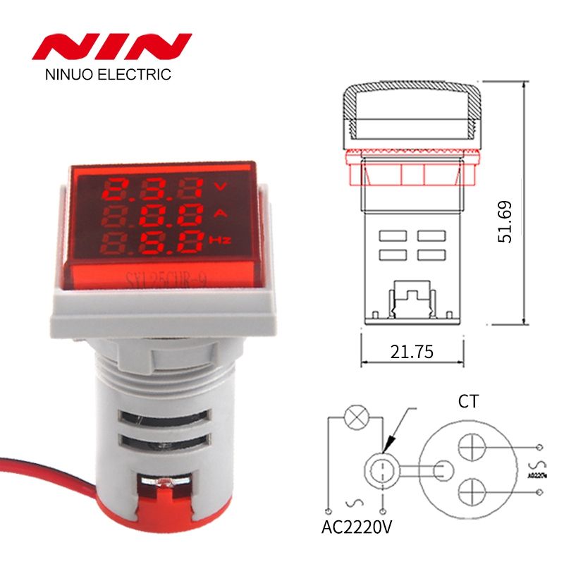 AC 0-100A AC V+A+HZ LED Traid display 22mm square led digital panel voltmeter and ammeter indicator frequency meter