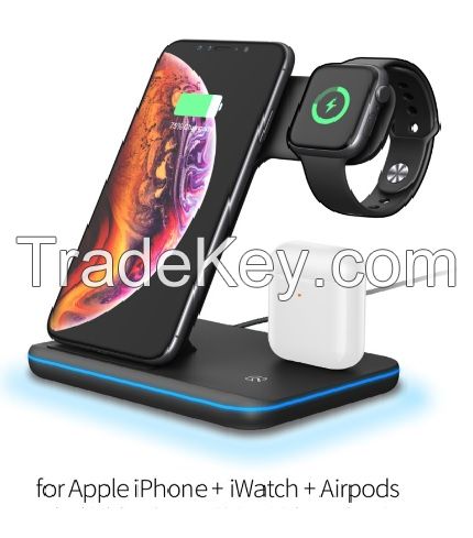 3 in 1 Wireless Charger Stand Fast Wireless Charging for iPhone Xs Max and Apple Watch and Airpods