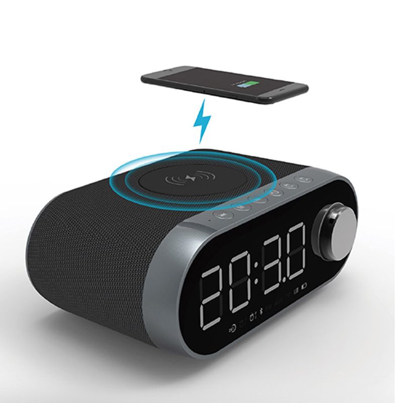 Wireless Charger Bluetooth Speaker LCD Time Display Alarm Clock USB Charger FM Radio Portable Mini Bluetooth Speaker Wireless Charging Speaker